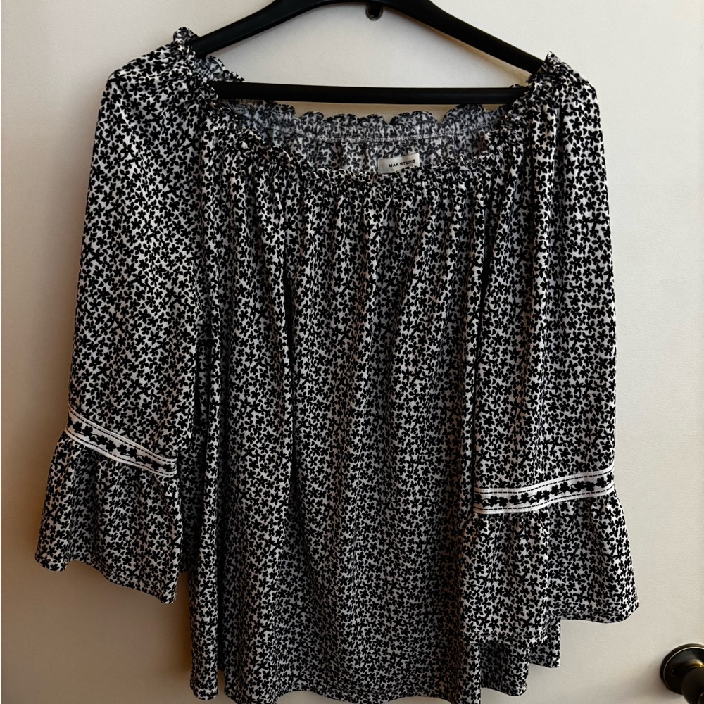 Smocked Neck Black & White Floral Peasant Blouse